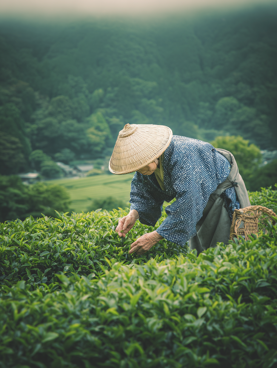 Hand-picking tea leaves at a partner farm in Japan